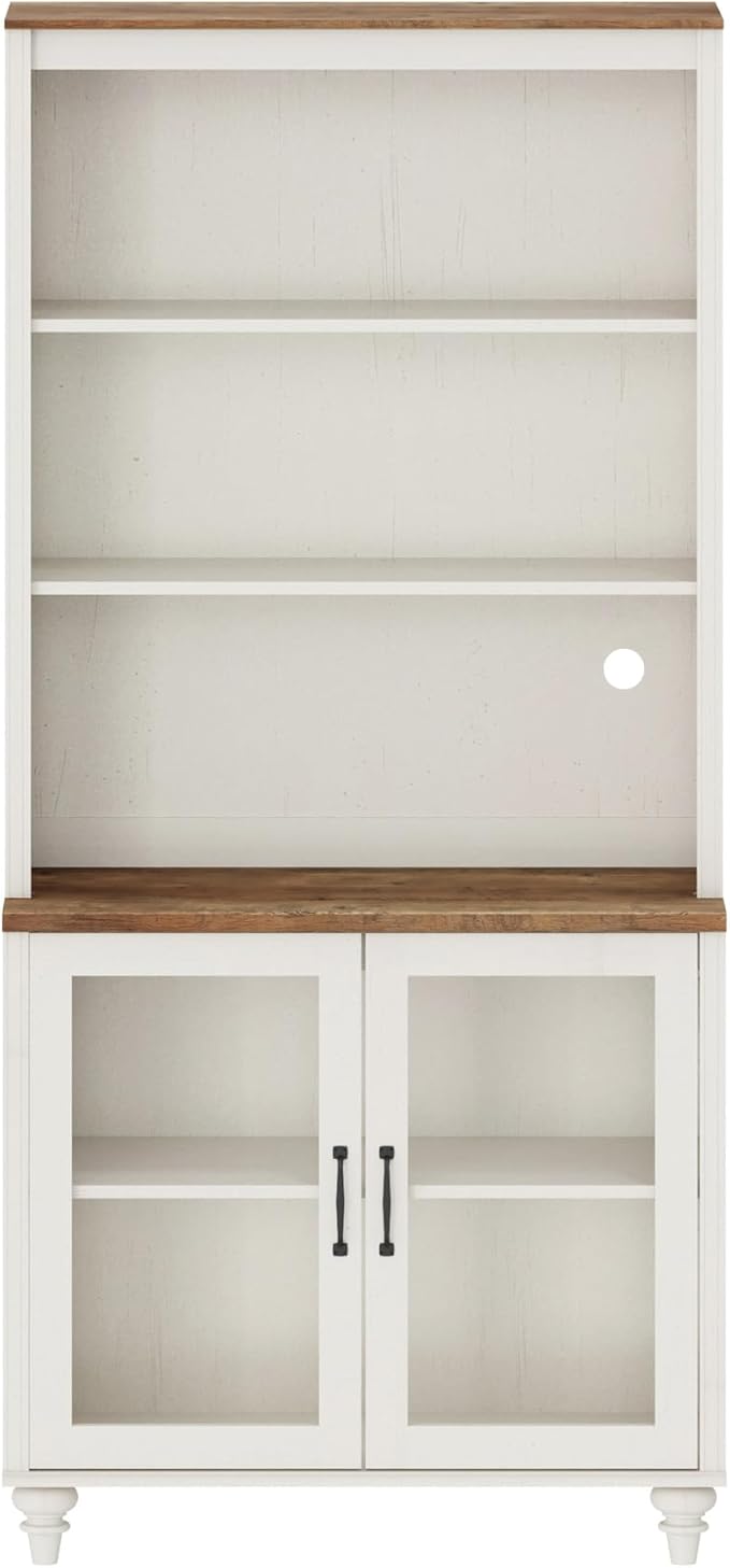 WAMPAT 5 Tier Farmhouse Bookshelf 72" Tall Bookcase with Doors, Large Display Book Shelf with Adjustable Shelves and Storage Cabinet Wood Bookshelves for Living Room & Study Room & Bedroom, White