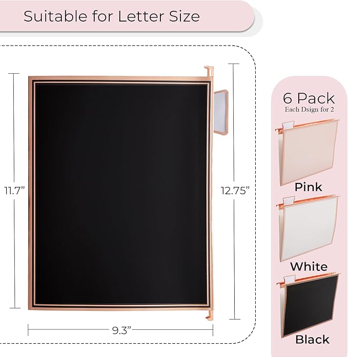 Y YOMA 6 Pack Rose Gold Hanging File Folders with Pocket Letter Size Decorative File Folder Cute Pretty Hanging Folder for Office Home School with 1/5-Cut Adjustable Tabs, Inner Storage Pockets