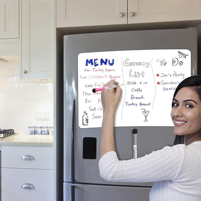 Magnetic Dry Erase Board Fridge Whiteboard Sheet 17"x11", Easy to Write and Clean, Flexible Refrigerator White Board for Home Kitchen Memo Shopping List, 2 Marker Pens and Eraser with Magnets