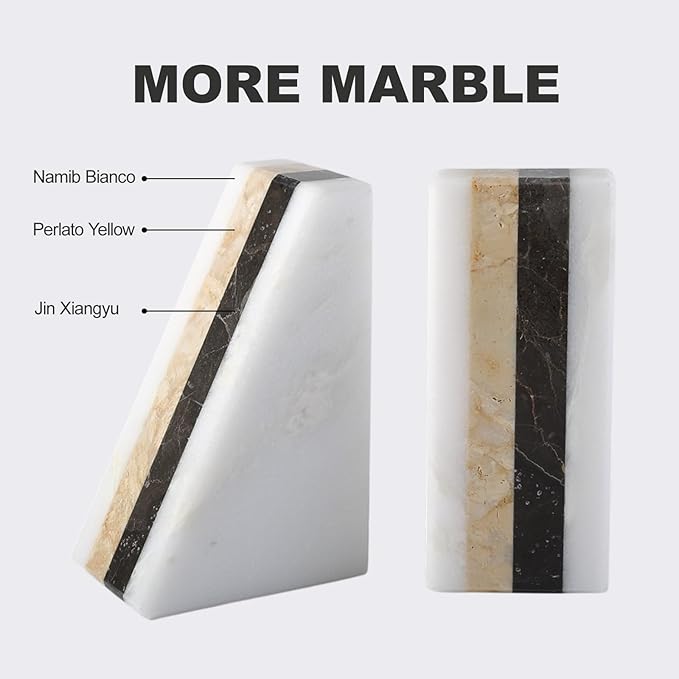 Marble Book Ends, Non-Skid Bookends for Shelves, Composite Bookend with Natural Marble, Heavy Duty Book Stopper, Collected CDs and Oversized Books Organizer, Gold & Black Decorative Bookends