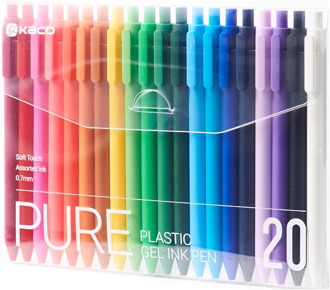 Kaco PURE Gel Pens 20 Pieces 0.7mm Assorted Color Ink Aesthetic Journaling Pens Cute, Retractable, Soft Touch Barrel, Quick Drying
