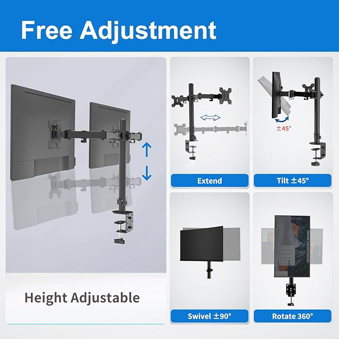 H&C(hcck&Cllassp) Dual Monitor Mount, Monitor Arm with Swivel, Tilt, Rotation, Height Adjustable, VESA Mount for 17-27” Monitors up to 17.6lbs, Desk Mount with C-Clamp, Black