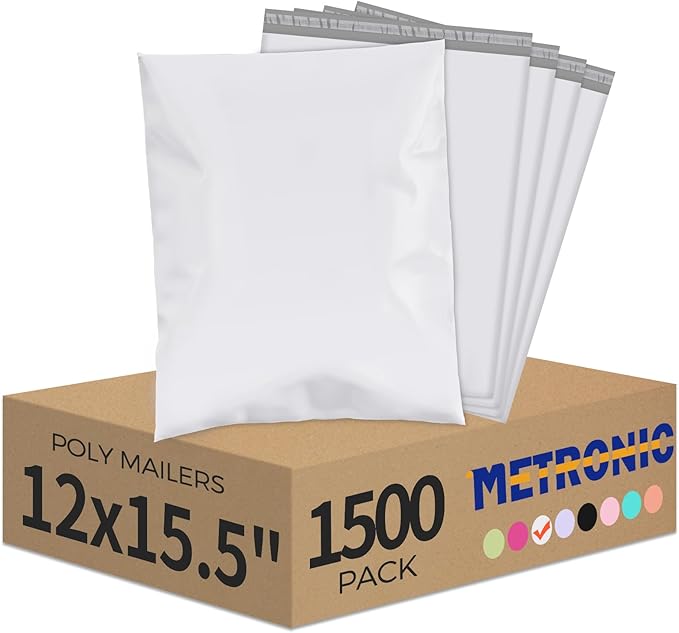Metronic Poly Mailers 12x15.5 1500 Pack White, Medium Size Shipping Bags Bulk Mailing Envelopes for Small Business, Mailers Poly Bags for Shipping Self Seal Waterproof, Mailing Bag Packaging Bags