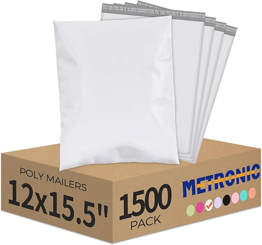 Metronic Poly Mailers 12x15.5 1500 Pack White, Medium Size Shipping Bags Bulk Mailing Envelopes for Small Business, Mailers Poly Bags for Shipping Self Seal Waterproof, Mailing Bag Packaging Bags