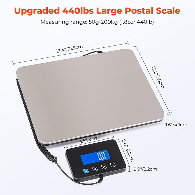 MUNBYN Shipping Scale, 440lb/1.8oz Digital Postal Scale for Packages with Hold/Tare Function, Backlit LCD, Battery & Cable Included, Postage Scale for Small Business, Packages, Luggage, and Home Use