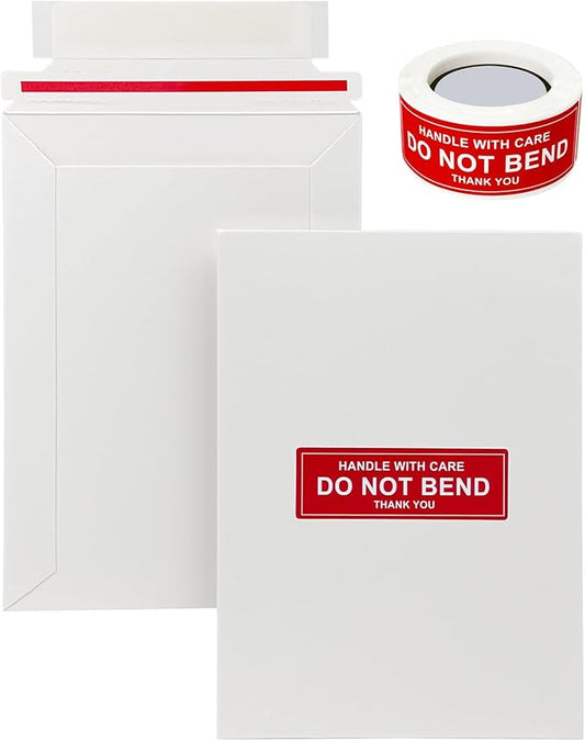 100 Pack 5x6.95" Rigid Mailers Cardboard Envelopes, 400GSM Photo Mailers Shipping Envelope with "DO NOT BEND" Labels, Small Stay Flat Self Seal Document Envelope for Trading Cards- White