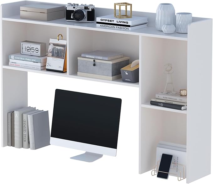 Wooden Desktop Hutch Bookshelf - Free Standing Desk Storage Shelf with Top Edge for Computer Desk, Desktop Bookcase for Dorm, Home or Office, Countertop Organizer, White, 53.2"