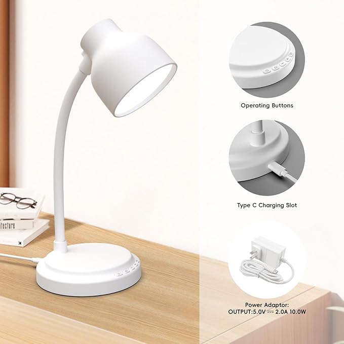 LED Desk Lamp for Office Home,Table lamp,Desk Lamp for College Dorm Room,4 Brightness Dimmable Table Lamp,Reading Light with a Timer Function(White)
