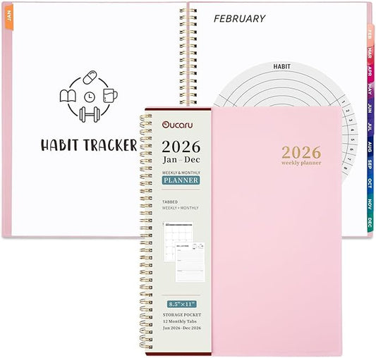 Oucaru 2026 Planner, Weekly and Monthly Planning Calendar, Jan 2026 - Dec 2026, 8.5" x 11", Spiral Bound, 12 Habit Trackers & Monthly Tabs, 2 Storage Pockets, Perfect for Office Home School Supplies