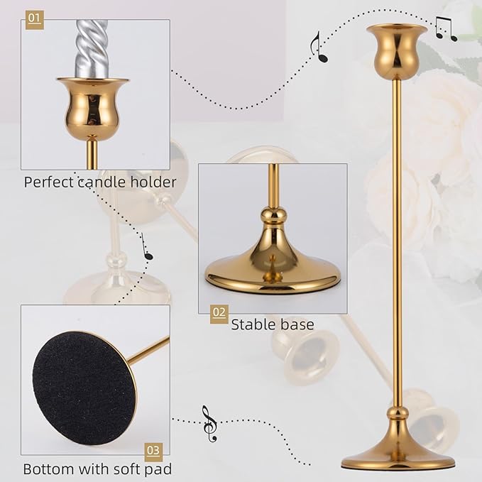 Metal Candle Holder Taper Candlestick Holders for Candle Sticks Vintage Candelabra for Halloween Thanksgiving Christmas (Gold, 1 Set (3 pcs))