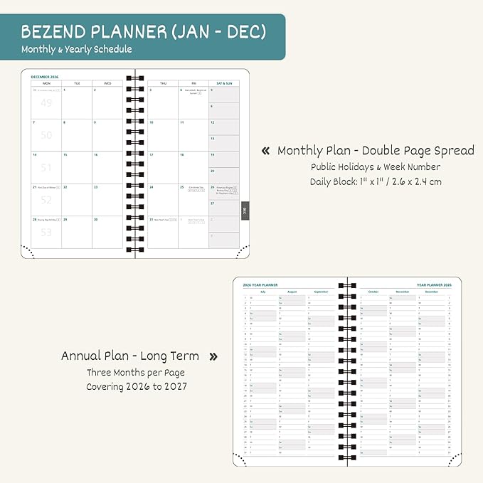 BEZEND Pocket Calendar 2026 Weekly and Monthly (3.5" x 6" Spiral) Small Daily Planner for Purse (Jan-Dec) with Notes & Expenses, Inner Pocket, Pen Holder, Vegan Leather Softcover - Sky Blue