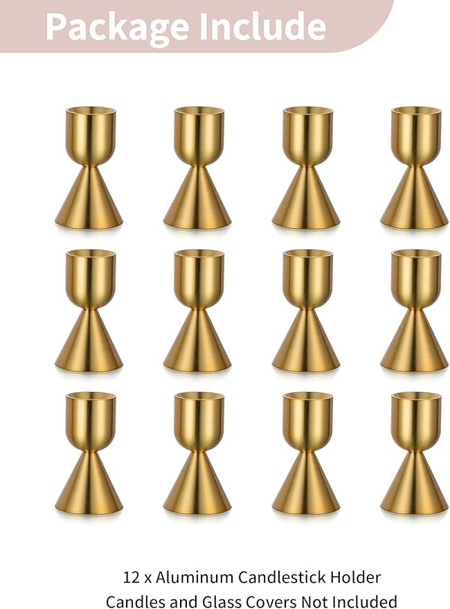 NUPTIO Gold Candlestick Holder Bulk: Set of 12 Brass Taper Candle Stick Holders - Small Aluminium Candleholder for Thanksgiving Birthday Christmas Decor