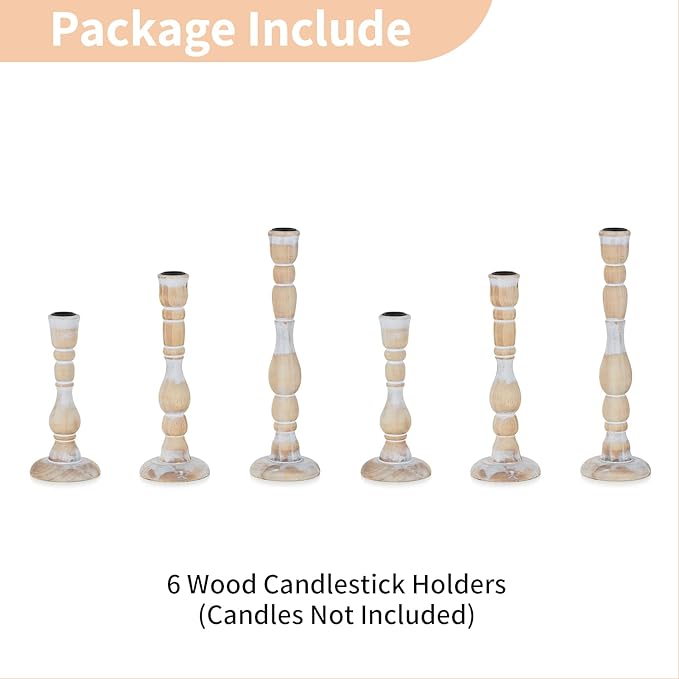 NUPTIO Taper Candle Holders Boho: Set of 6 Tall Wooden Candlestick Holder for Thanksgiving Table Centerpieces Decoration