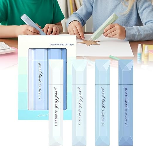 4-Pack Strong Double Sided Tape Roller, 0.23in x 16.4ft Adhesive Tape Glue for Gift Wrapping, Junk Journals, Paper Crafts, Essential Scrapbooking Supplies, Photo Mounting, School Office (Blue)