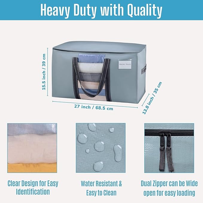 VENO 8 Pack Moving Bags, Moving Supplies, Moving Boxes, College Packing Storage Boxes with Lids Alternative, Heavy Duty Totes, Extra Large, Sturdy Handles, Zipper (Light Blue with Window, 8 Pack)