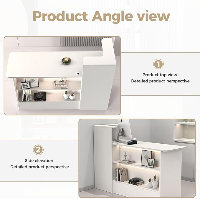 Modern Reception Desk with LED Lights - 47" Front Desk Reception Counter with Dual Display Shelves & Hidden Cable Management, Lockable Drawer & Storage Cabinet for Office, Salon, Spa, Retail, Right
