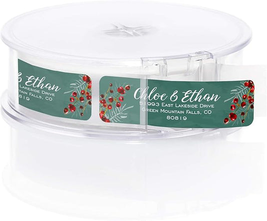 Pine and Berry Rolled Address Labels/Roll of 500 Personalized Return Address Labels/Designer Return Address Stickers in Elegant Plastic Dispenser