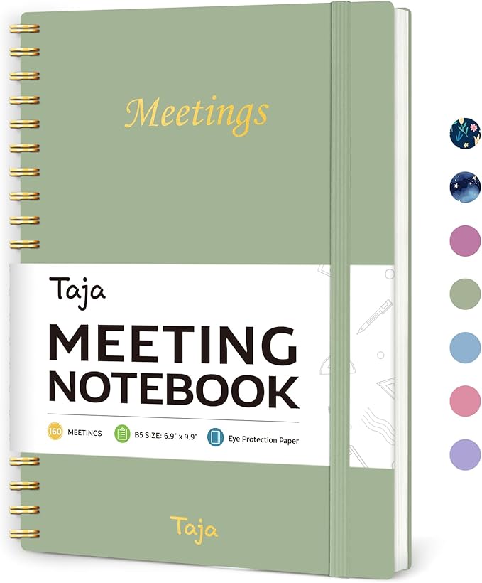 Meeting Notebook for Work Organization - Work Planner Notebook with Action Items, Agenda Planner for Note Taking, 160 Pages (6.9" X 9.9") Project Organizer for Men & Women - Green