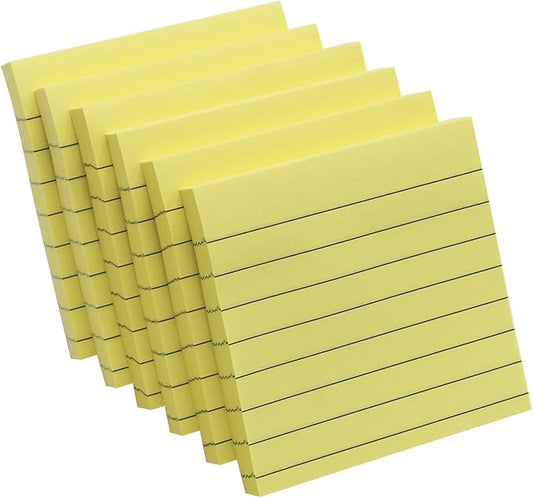 Lined Sticky Notes, 3x3 Inch, 600 Sheets Self-Stick Notes, Easy to Post for School, Office, Notebook, Pastel Yellow Color, 100 Sheets/Pad
