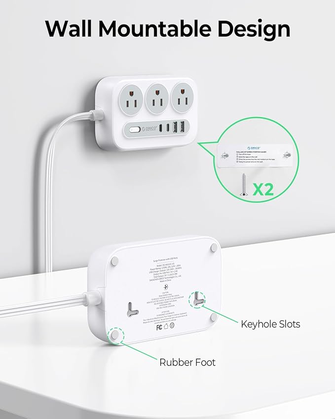 ORICO Surge Protector Power Strip, Multiple Outlets Extension Cord with 6 AC Outlets 2 USB-A and 2 USB-C Ports, 10 ft Long Flat Plug Power Strip, Mountable Outlet Extender for Dorm/Office/Home- OG