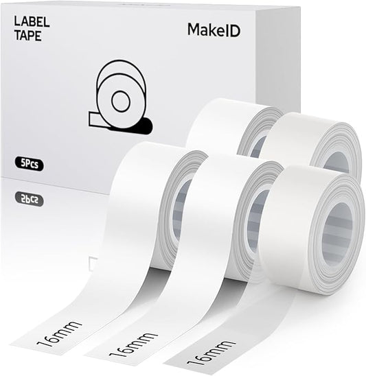 MakeID L1 E1 Q1 Label Maker Tape Refills, 5-Roll 16mm x 4m (0.63" x 13') Continuous Consumables Thermal Laminated Office Labeling Tape Replacement