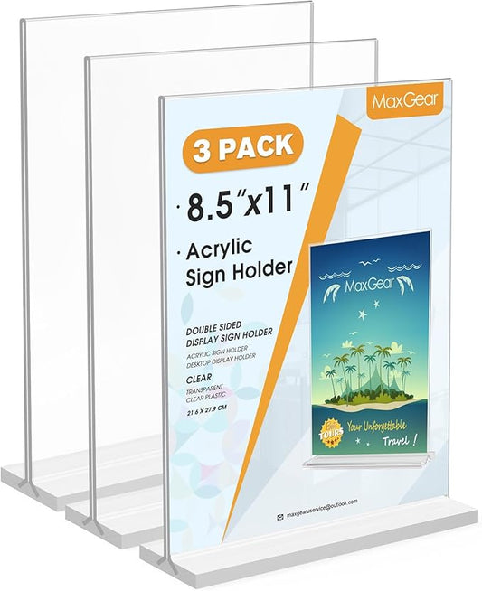 MaxGear 8.5x11 Acrylic Sign Holder 3 Pack, Clear Table Menu Display Stand Plastic Document Paper Holder Double Sided T Shape Sign Frame for Store, Restaurant, Hotels, Office