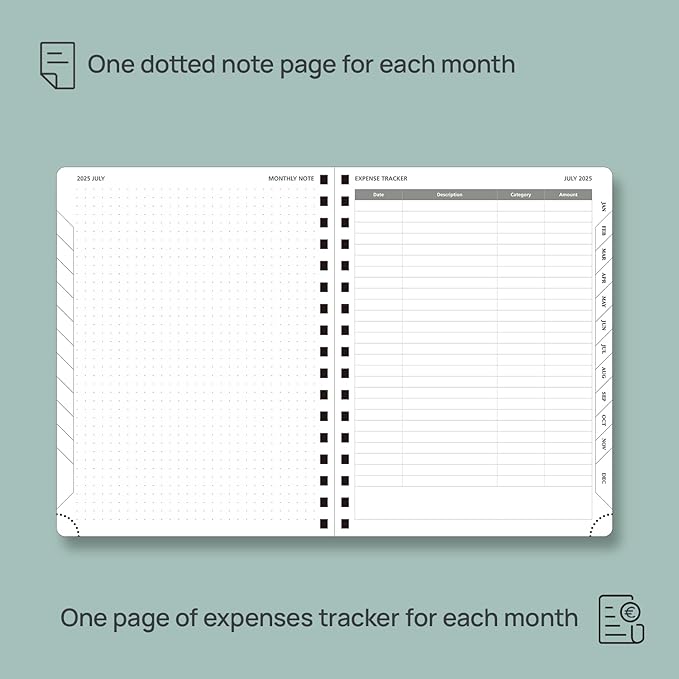 POPRUN Monthly Planner 2025-2026 Spiral Bound (6.5" x 8.5") 18 Months Calendar (Jul 2025 - Dec 2026) - 4 Pages per Month with Monthly Expense & Notes, Sunday Start, Leather Cover - Pacific Green