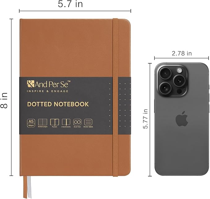 &And Per Se Dotted Journal Notebook, A5 Hardcover Leather Bullet Dotted Journal, 160 Pages 100 gsm Thick Paper, 3 Sheets of Stickers Included- 5.7'' x 8'' (Light Brown)