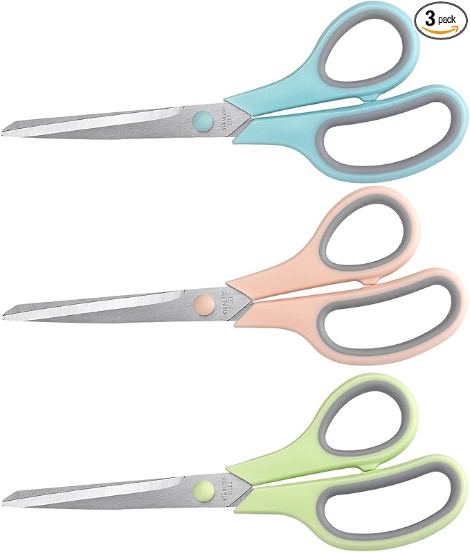 Scissors 8.5 Inch scissors all purpose Bulk Set of 3, Scissors for Office Home School Craft Supplies, Soft Comfort-Grip Right/Left Hand, Gray