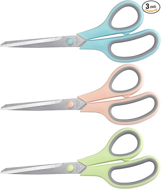 Scissors 8.5 Inch scissors all purpose Bulk Set of 3, Scissors for Office Home School Craft Supplies, Soft Comfort-Grip Right/Left Hand, Gray