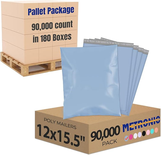 Metronic Poly Mailers 90000 Pack 12 x 15.5, Strong Adhesive Shipping Envelopes for Clothing, Waterproof Shipping Bags for Businesses, Flexible Mailers Poly Bags, Packages Bags Bulk, Light Blue