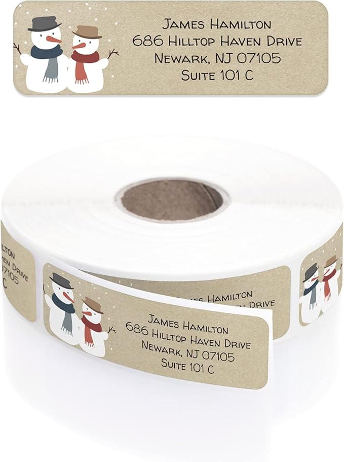 Kraft Snowmen Rolled Address Label/Roll of 250 Rustic Holiday Personalized Address Labels/Designer Return Address Stickers in Elegant Plastic Dispenser