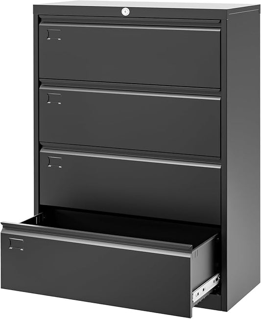 Lateral File Cabinet with Lock, 4-Drawer Heavy Duty Steel Office Storage for Letter/Legal/A4 Documents, Wide Metal Office Storage Organizer, Easy Assembly