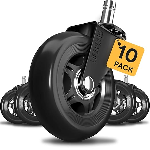 Lifelong Office Chair Wheels Replacement Rubber Chair Casters for Hardwood Floors and Carpet, Set of 5, Heavy Duty Casters for Chairs to Replace Office Chair Mats - Fits 98% (10 Pack)