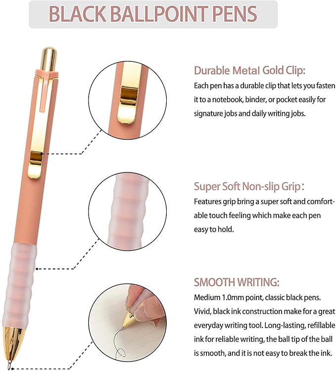 Linbsunne Ballpoint Pens Black Medium Point 1mm Pen with Super Soft Grip Ball Point Pen for Men Women Retractable Pens (gold-12 pcs)