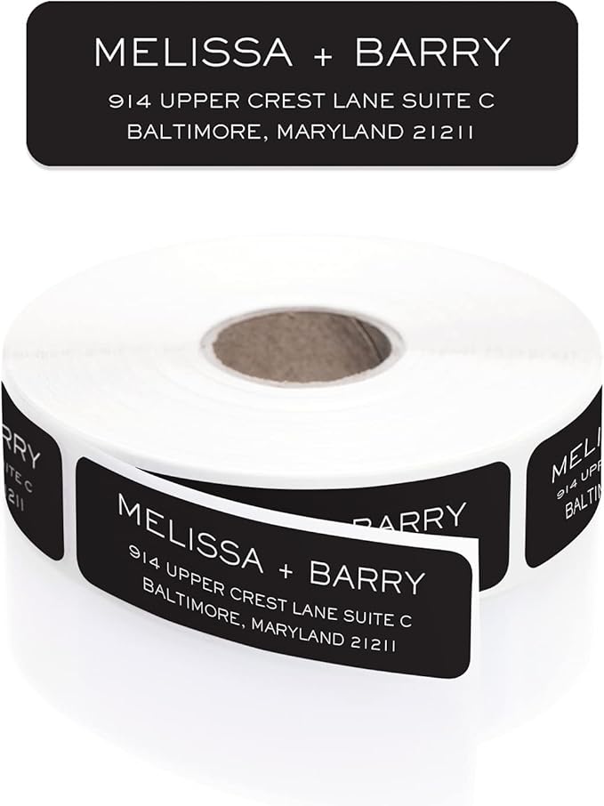 Striking Black Modern Rolled Address Labels/Roll of 250 Personalized Address Labels/Designer Return Address Stickers in Elegant Plastic Dispenser