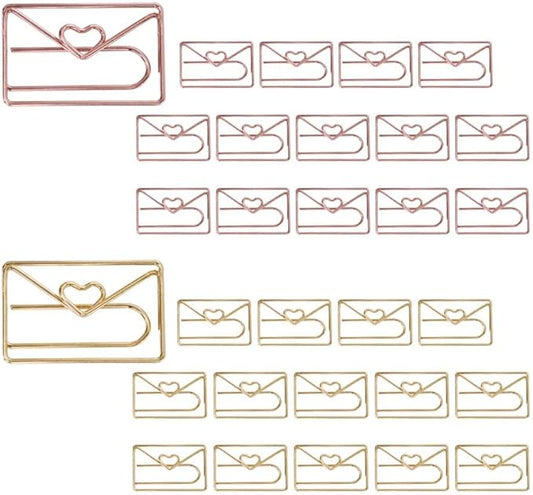 OWLFAVO 30pcs Envelope Shape Paper Clips with Clear Box, Rose Gold and Yellow Gold, Funny Cute Paperclips Bookmarks Planner Clips for Fun Office Supplies School Gifts Wedding Decoration