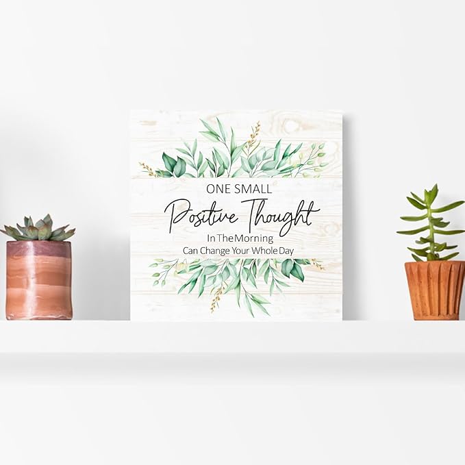 One Small Positive Thought Sign Wood Box,Inspirational Quote Wooden Block Sign for Home Office Tabletop Shelf Decor 5" x 5",Motivational Desk Decor Accessories for Women
