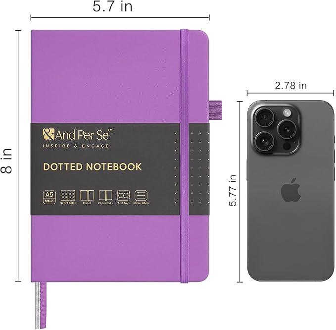 &And Per Se Dotted Journal Notebook, A5 Hardcover Leather Bullet Dotted Journal, 160 Pages 100 gsm Thick Paper, 3 Sheets of Stickers Included- 5.7'' x 8'' (Violet)