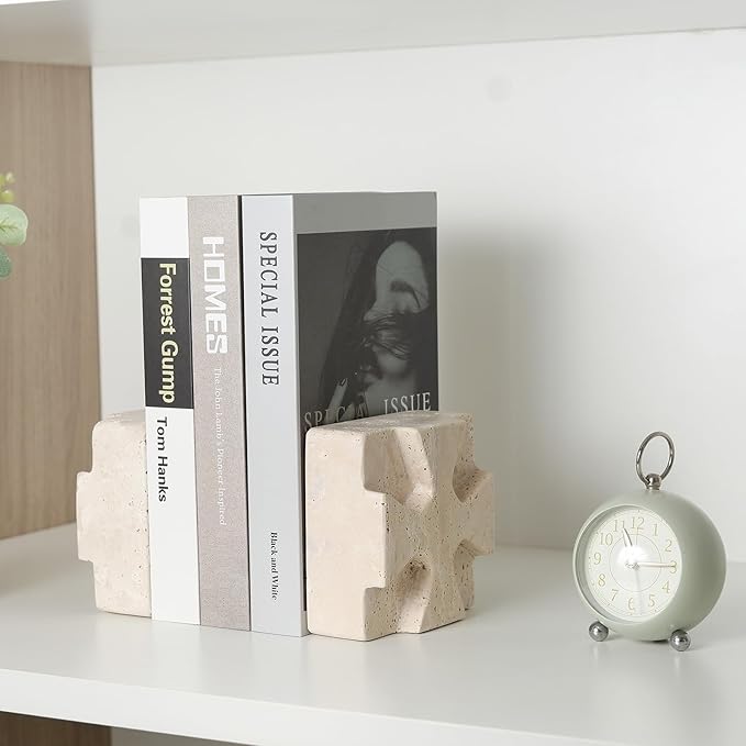 Natural Marble Square Book Ends, Heavy Duty Bookends for Shelves, Non-Skid Stone Book Holders, Unique Modern Aesthetic Office Bookshelf Decor for Books/CDs(Travertino Turkey)