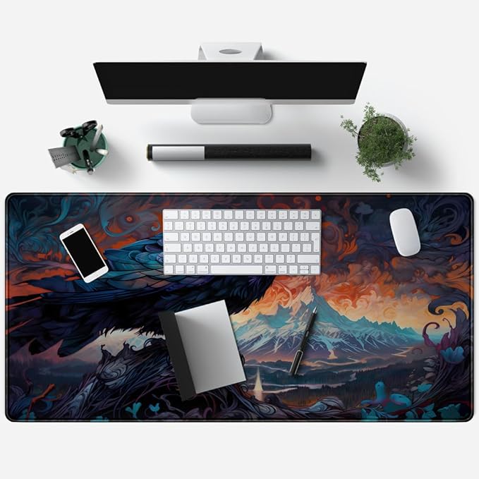 Magic Crow Desk Mat Gaming Misty Fores Mouse Pad Playmat, Large Gaming Mousepad Keyboard Desk Extended Mouse Pads Game Decor with Stitched Eges Non-Slip Base Tabletop for MTG 31.5" x 15.7"