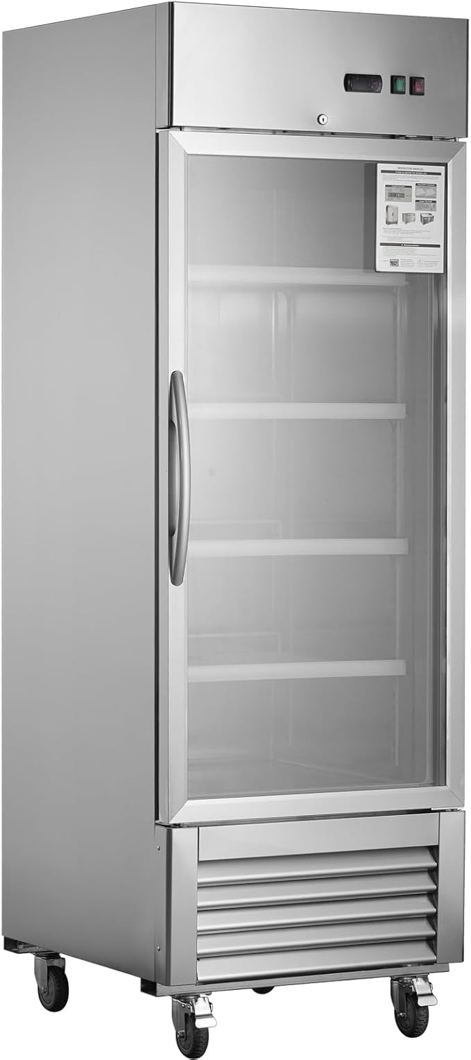 Merax Merex Commercial Refrigerator 27" W 1 Glass Door Stainless Steel Interior and Exterior Construction Upright Fan Cooling Reach-in Merchandising 18.68 Cu.ft, Silver