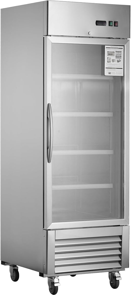 Merax Merex Commercial Refrigerator 27" W 1 Glass Door Stainless Steel Interior and Exterior Construction Upright Fan Cooling Reach-in Merchandising 18.68 Cu.ft, Silver