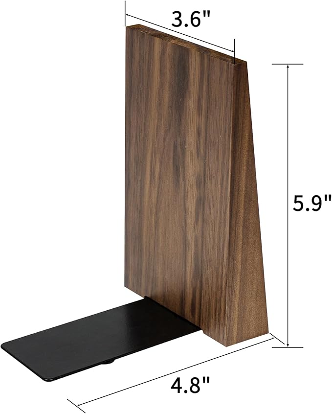 Luxdecor Walnut Book Ends Hold Heavy Books-6x5x4in Wood Bookends for Office Desk Non Skid, Decorative Walnut Bookend 2pack, Triangle Style