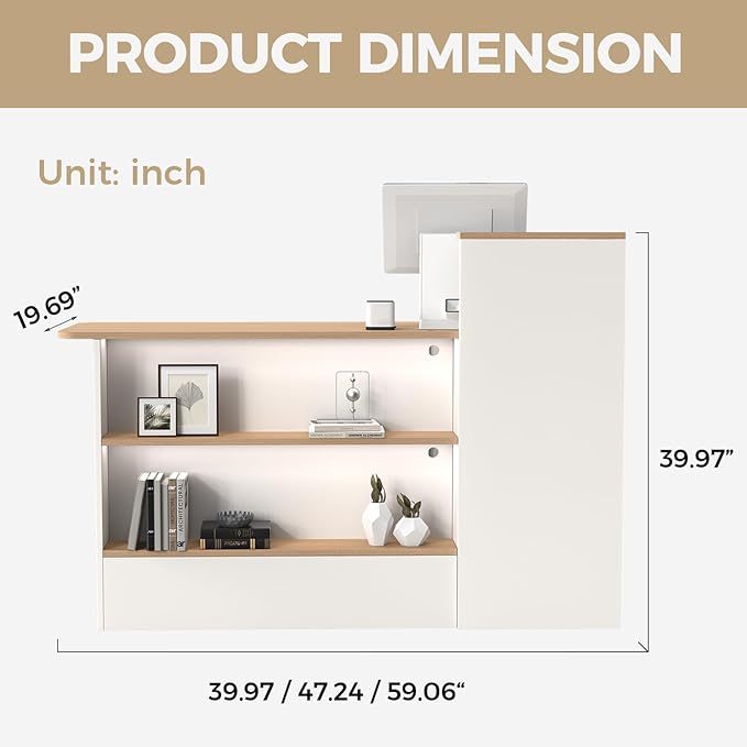 Modern Reception Desk with LED Lights - 47" Front Desk Reception Counter with Dual Display Shelves & Hidden Cable Management, Lockable Drawer & Storage Cabinet for Office, Salon, Spa, Retail, Left