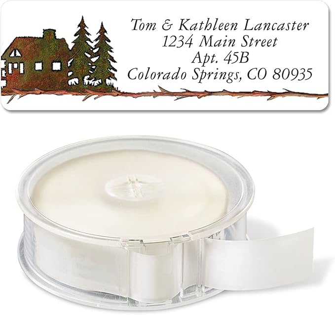 Country Lodge Christmas Rolled Personalized Return Address Mailing Labels with Dispenser, Set of 500, Small ¾ x 2½ Inch Size, Custom Self-Adhesive Sticker Roll, by Colorful Images