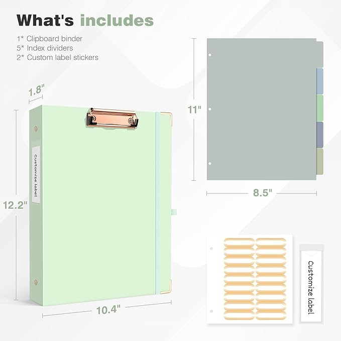 Ospelelf Binder 3 Ring 1 Inch, Green Plain Round Ring Clipboard Binder for Letter Size Paper with 5 Tab Dividers, for School and Office Essential Supplies