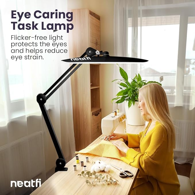 Neatfi XL 2,200 Lumens LED Desk Lamp with Clamp, 24W Bright Architect Task Lamp, 20 Inches Dimmable Computer Light, Adjustable Desk Light for Home, Office, Crafts, Nails & Hobbies (Non-CCT, Black)