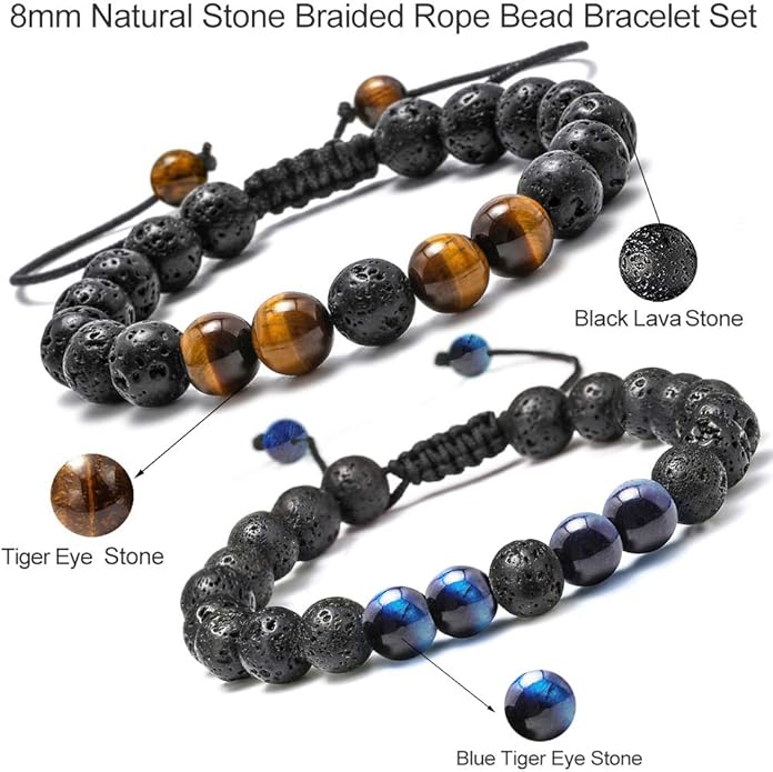 M MOOHAM Natural Stone Bracelets for Men - 8mm Tiger Eye | Matte Agate | Lava Rock Bracelets for Men Teen Boys Gifts Birthday Anniversary Christmas Gifts for Men Teens
