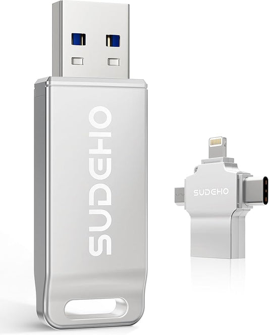 MFi Certified Photo Stick 256GB USB Flash Drive for iPhone, 4 in 1 External Memory Thumb Drive for Picture Video Saver and Backup, High Speed Memory Stick Pen Drive for iPhone/iPad/Android/PC (Silver)